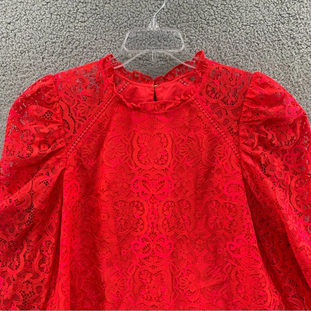 Lilly Pulitzer Averi White Puff Sleeve Top Scalloped Hem Red Hot Pink Two Tone L - Picture 5 of 12